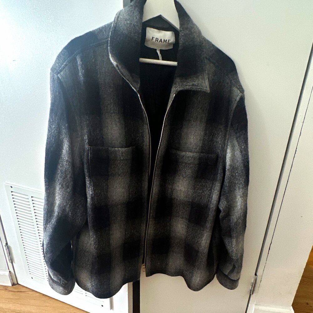 FRAME Men's Gray/Black Plaid Wool Jacket Full Zip Lined Pockets Size 48